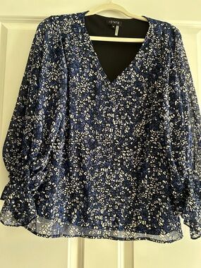 1. State Blue and White Printed V-Neck Blouse